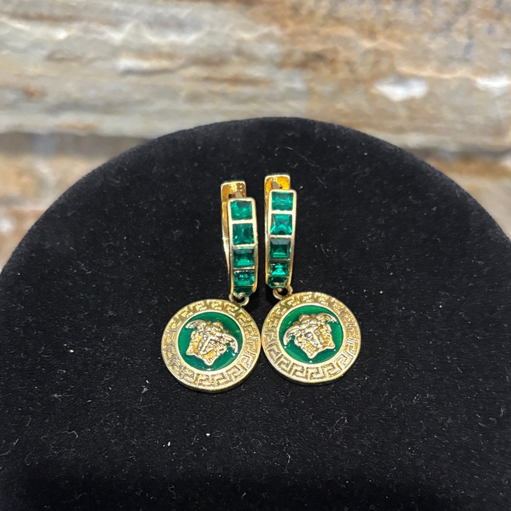 Versace Gold Tone Hoop Earrings with Green Enamel Medallions - Picture 2 of 6